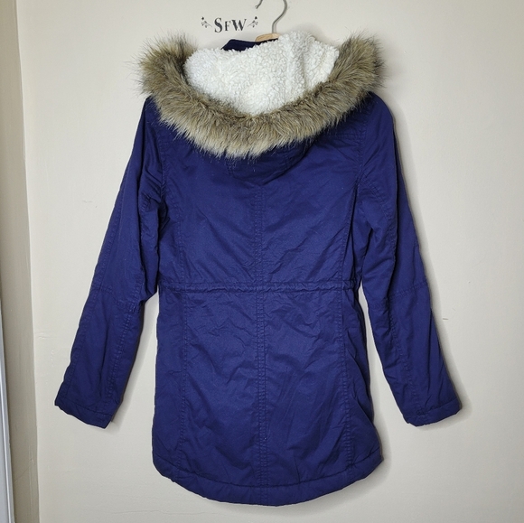 Gap Winter Parka Coat Navy Blue Faux Fur Hood Size S Sherpa Jacket - Picture 6 of 9